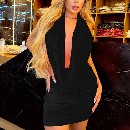 Backless Halter Mesh Mini Dress Women Cowl Neck Bodycon Tank Top