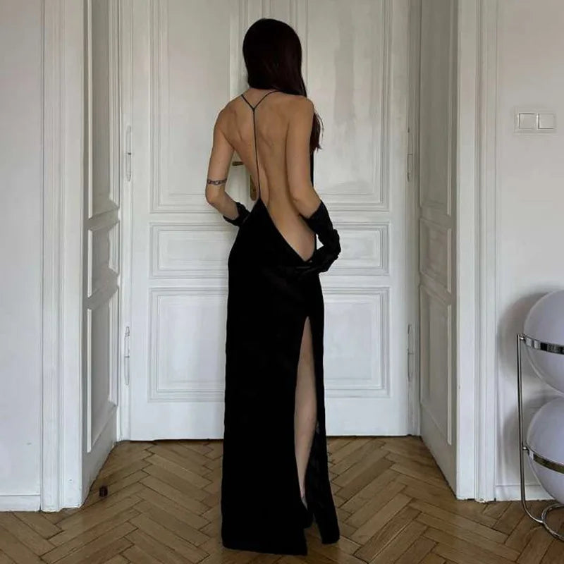 Black Sheer Striped Maxi Cami Dress – Backless Clubwear