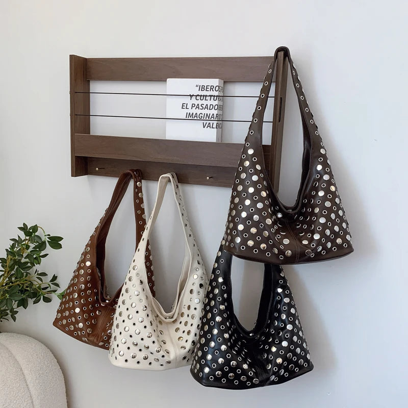 Punk Rivet Hobo Bag – PU Leather Shoulder Bag for Women
