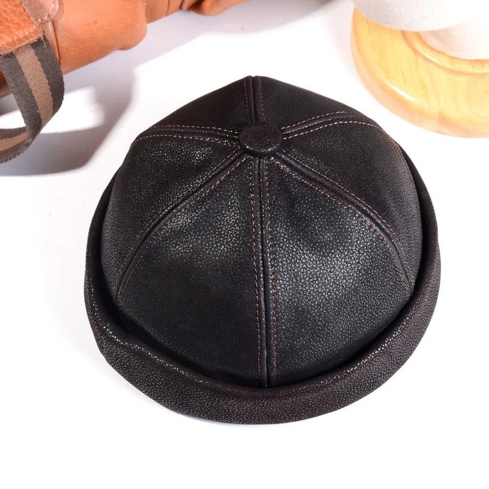 Men S Women Real Leather Winter Warm Skullcap Beanies Beret Round Hat Brimless Caps