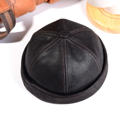Men S Women Real Leather Winter Warm Skullcap Beanies Beret Round Hat Brimless Caps