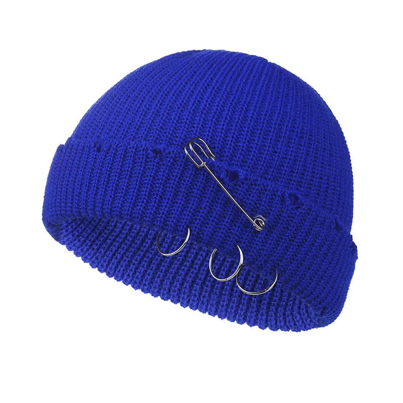 Gothic Punk Knitted Beanie – Y2K Unisex Skull Cap with Pins