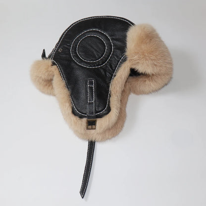 Winter Ushanka Trapper Hat with Rabbit Fur & Leather Earflaps