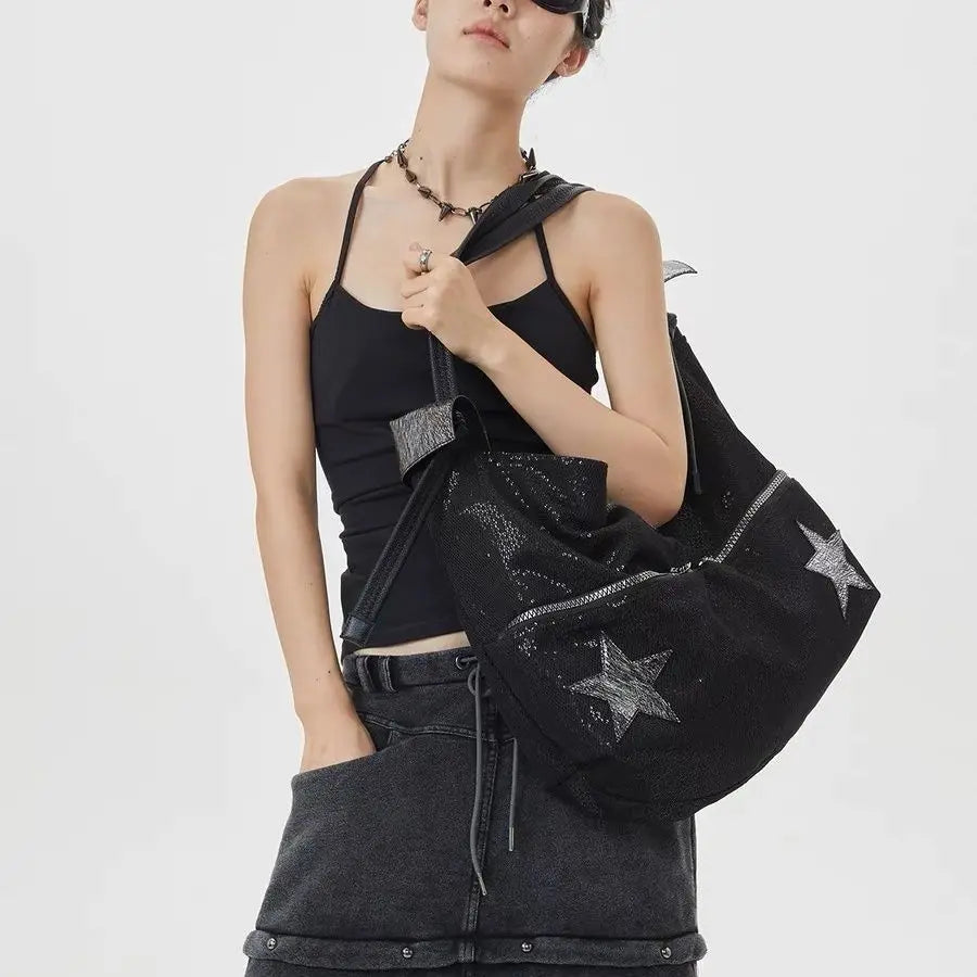 Star Black Large Capacity Tote Bag Women Hot Girls Beading Y2k Shoulder