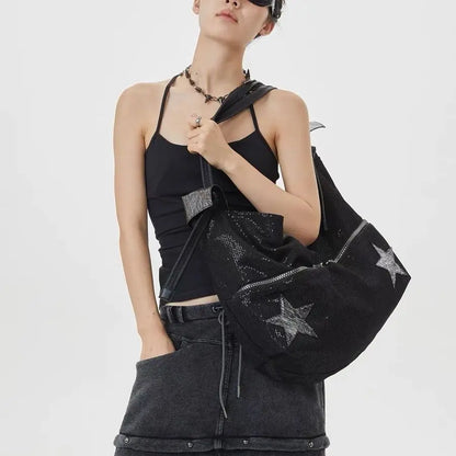 Star Black Large Capacity Tote Bag Women Hot Girls Beading Y2k Shoulder