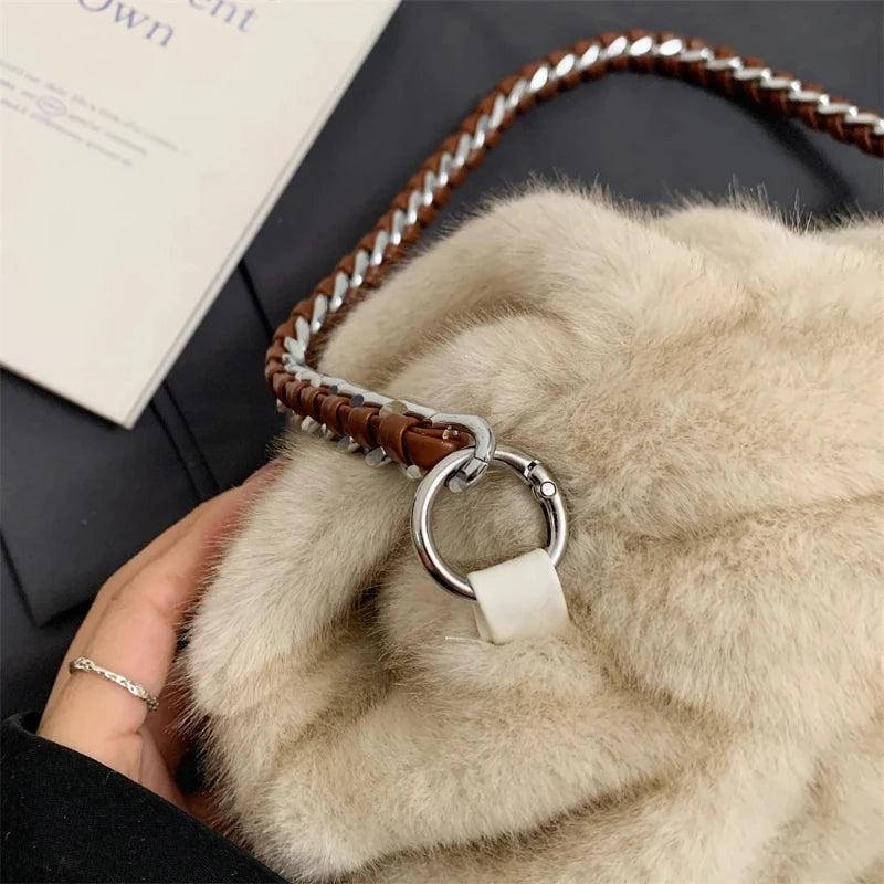 Pleated Design Faux Fur Shoulder Bags