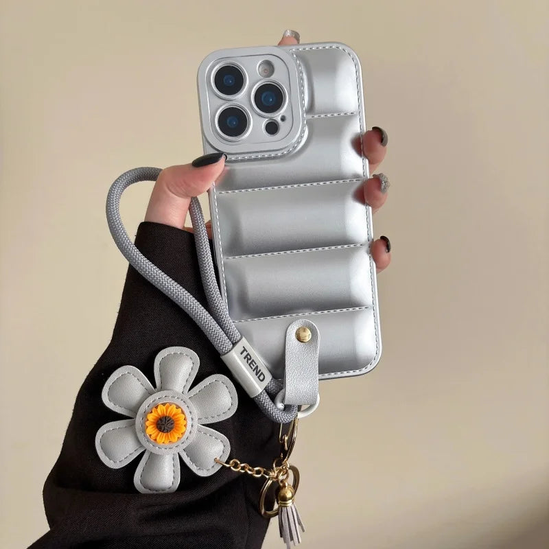 Quilted Puffer iPhone Case with Flower Wrist Strap – Candy Colors