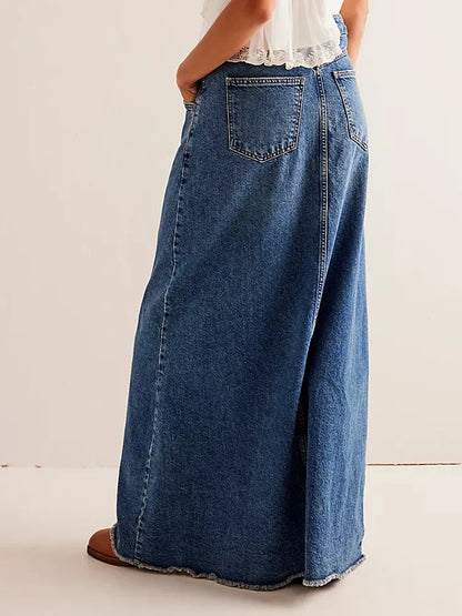 Y2K Vintage Denim Maxi Skirt – Women's A-Line Frayed Hem Long Jean Skirt