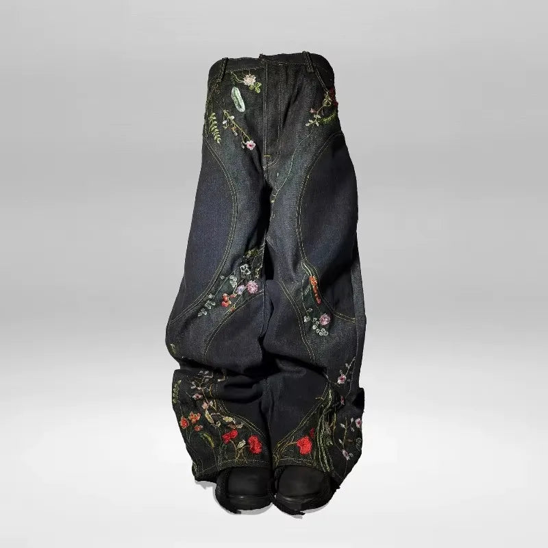 Floral Embroidery Wide Leg Jeans – Y2K Patchwork Unisex Harajuku Hip Hop Denim