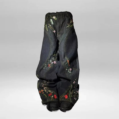 Floral Embroidery Wide Leg Jeans – Y2K Patchwork Unisex Harajuku Hip Hop Denim