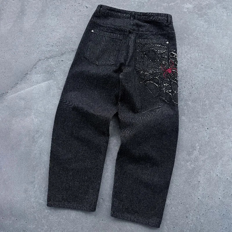Y2K Spiderweb Baggy Jeans – Black Gothic Streetwear Wide Leg Denim