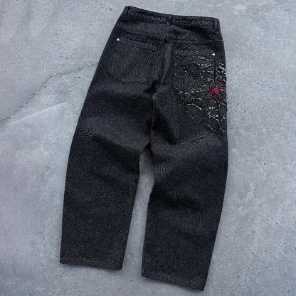 Y2K Spiderweb Baggy Jeans – Black Gothic Streetwear Wide Leg Denim