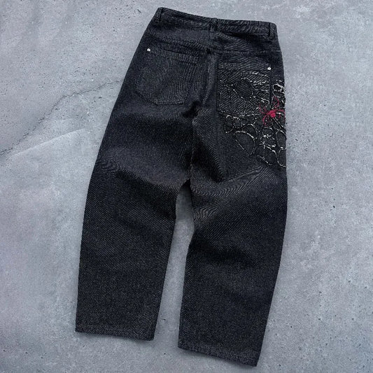 Y2K Spiderweb Baggy Jeans – Black Gothic Streetwear Wide Leg Denim