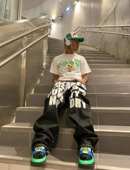 Y2K Wide Leg Jeans – Punk Graphic Print Baggy Denim Pants