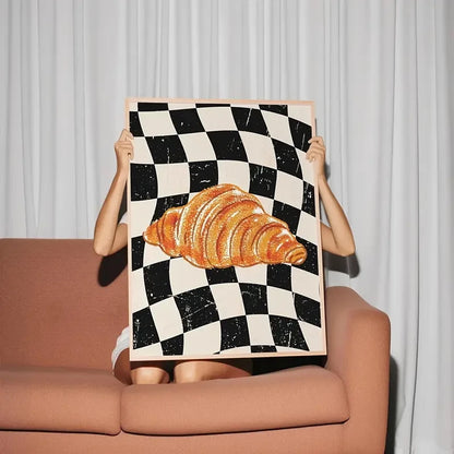 Croissant Checkerboard Canvas Wall Art Print – Kitchen Decor
