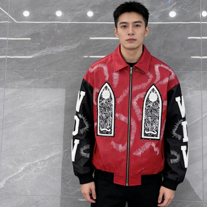 Embroidered PU Leather Bomber Jacket – Men's Hip Hop Streetwear Coat