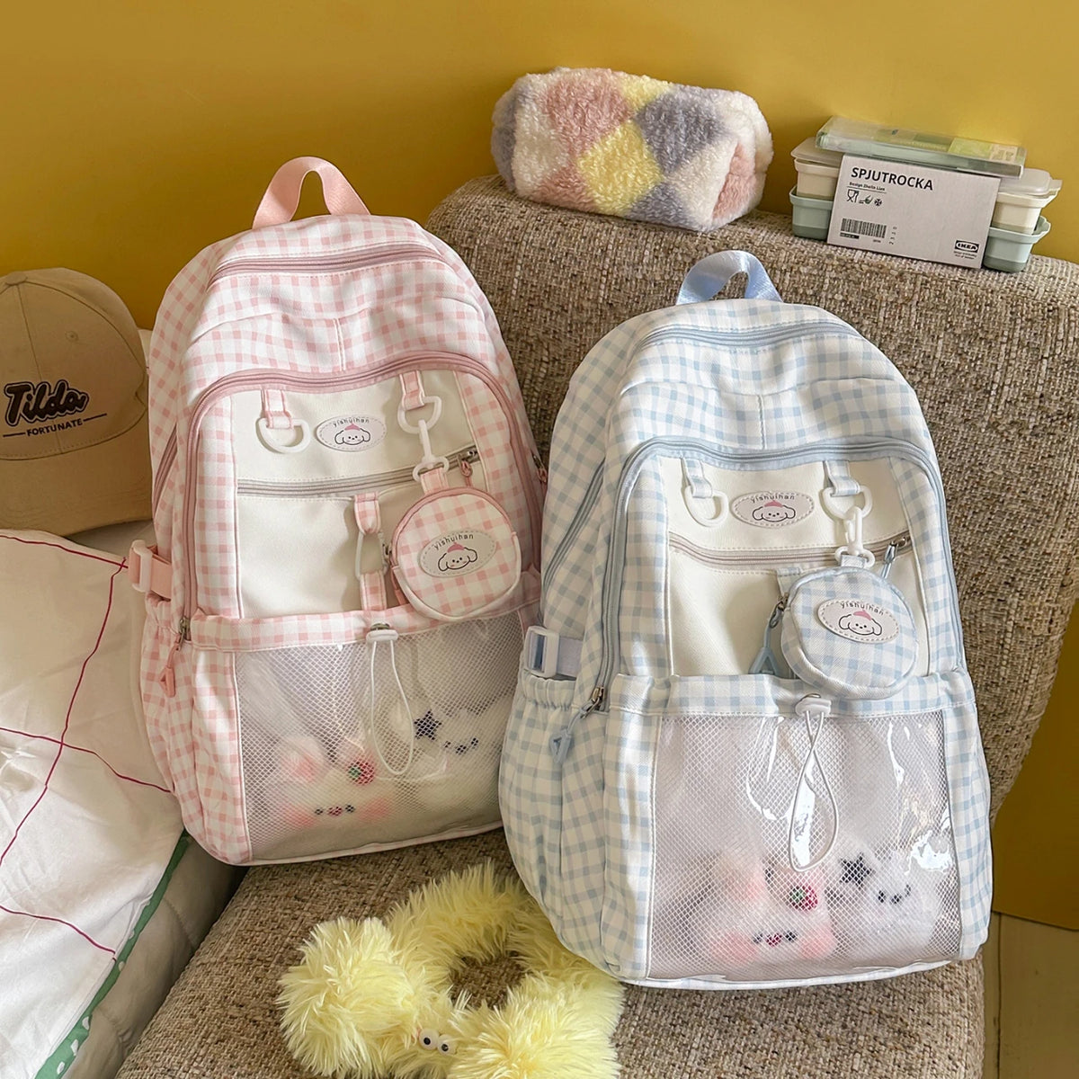 Kawaii Checkered Mesh Backpack for Girls – Cute School Bag