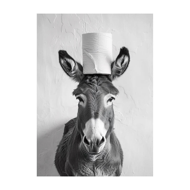 Funny Bathroom Wall Art Poster – Black & White Animal Toilet Paper Print