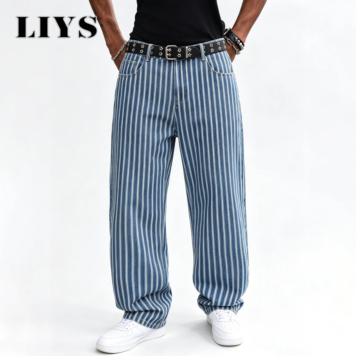Men's Striped Jacquard Baggy Straight Leg Jeans – Blue & White
