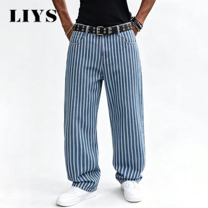 Men's Striped Jacquard Baggy Straight Leg Jeans – Blue & White