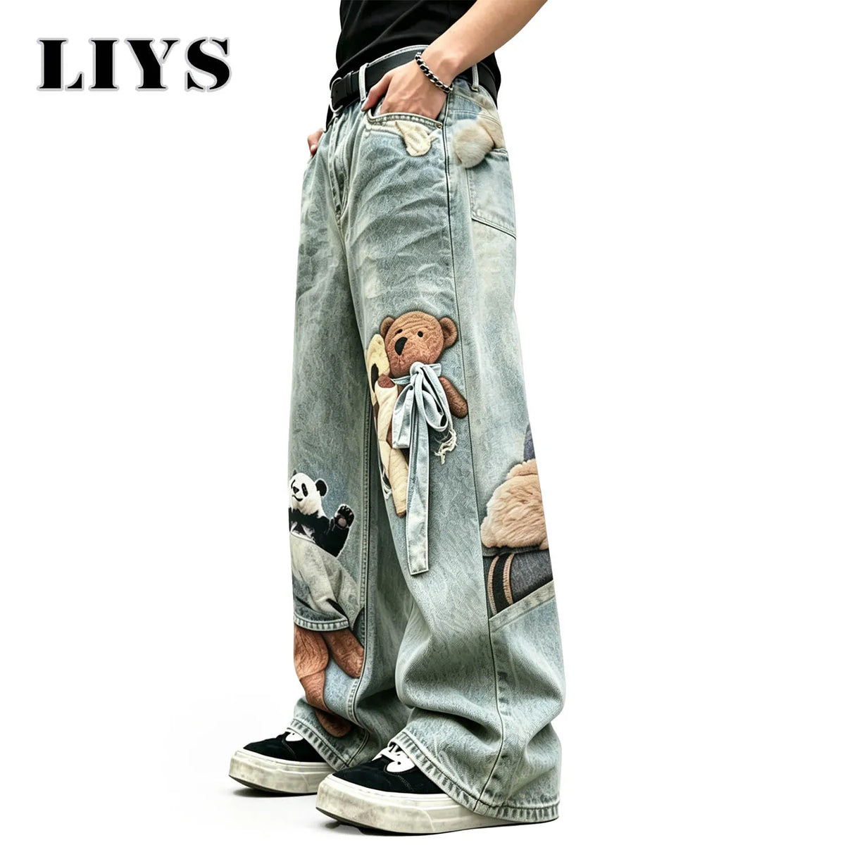 Panda & Teddy Bear Print Wide Leg Jeans – LIYS Streetwear