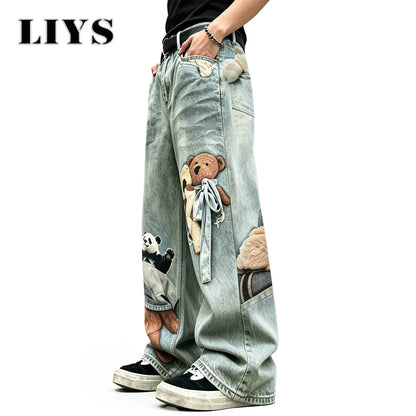 Panda & Teddy Bear Print Wide Leg Jeans – LIYS Streetwear