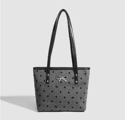 Sweet Cool Black Tote Bag Women College Style Trendy Bow Print