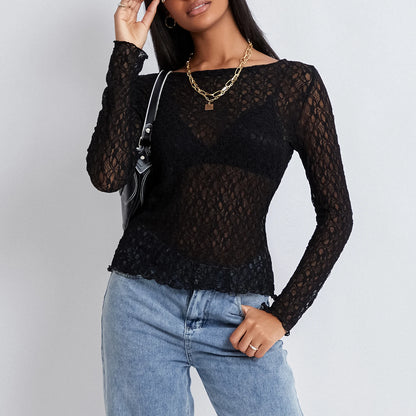 Sheer Lace Top Women Long Sleeve O-Neck Slim Fit Pullover