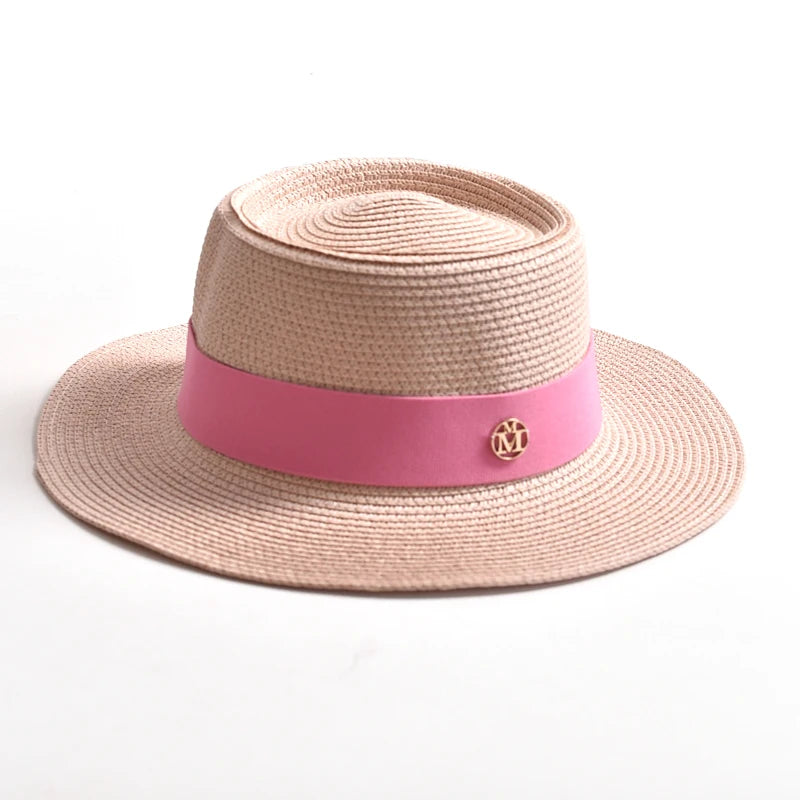 Women's Straw Sun Hat Flat Brim Ribbon Beach Hat