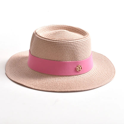 Women's Straw Sun Hat Flat Brim Ribbon Beach Hat