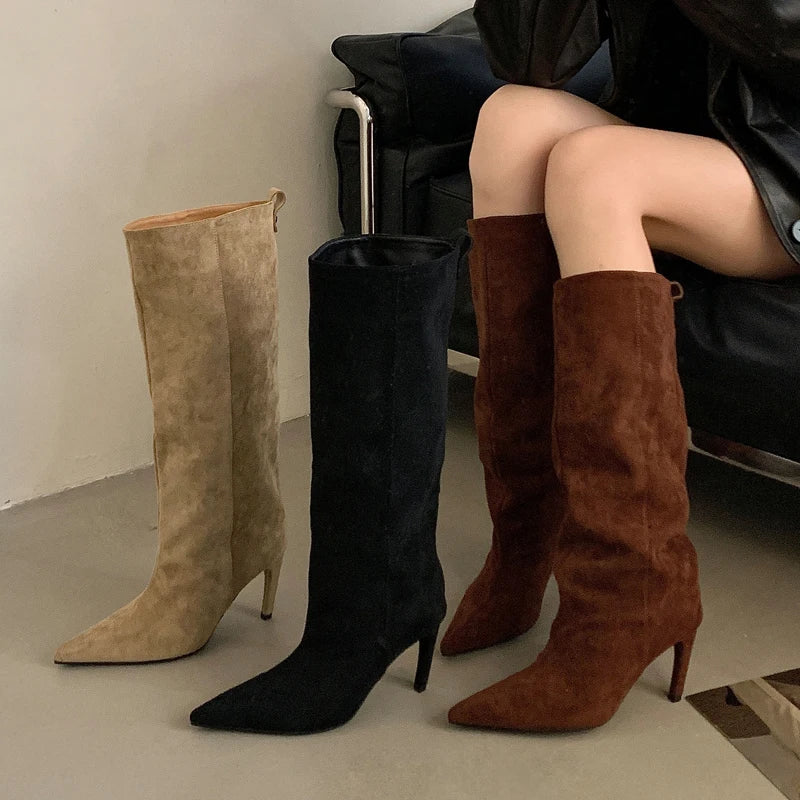 Eilyken Women Knee-High Stiletto Boots – Pointed Toe Suede