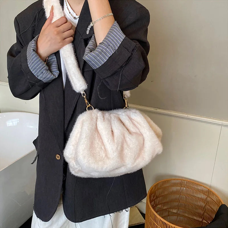 Fashion Pleated Cloud Bag Soft Faux Fur Handbag Popular Korean-style