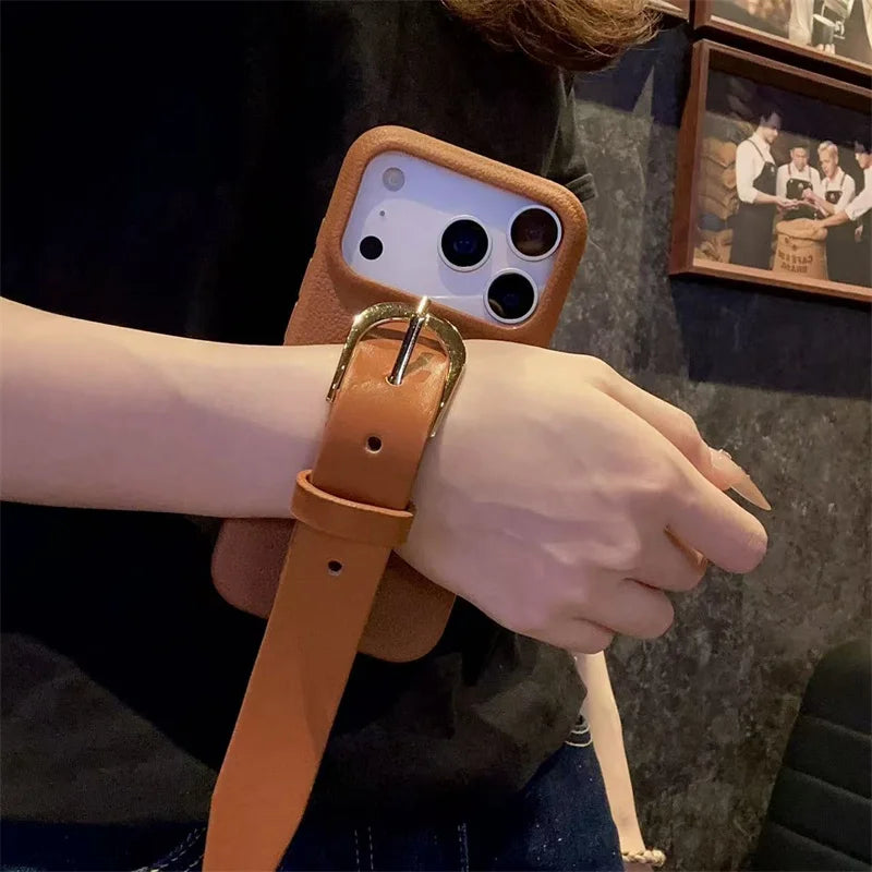 iPhone Leather Case with Wrist Strap – Anti-Drop PU Cover