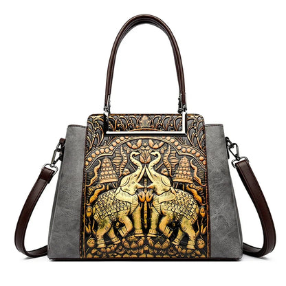 Vintage Embossed Handmade Handbag Women Versatile Pu Leather Shoulder Bag 3 Layers Large Capacity