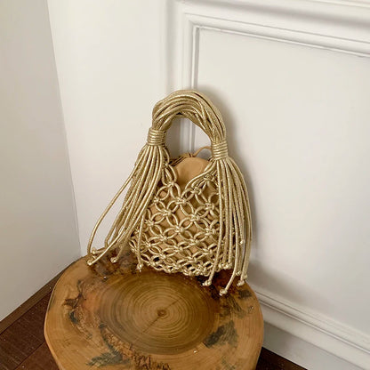 Woven Macrame Bucket Bag – Boho Tassel Handbag for Women