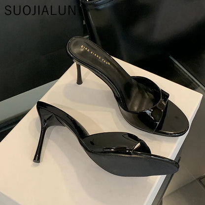 Women's Open-Toe Stiletto Heel Slides – Elegant Patent Mule Pumps