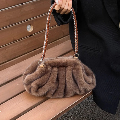 Pleated Design Faux Fur Shoulder Bags
