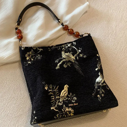 Vintage Landscape Embroidery Black Handbag