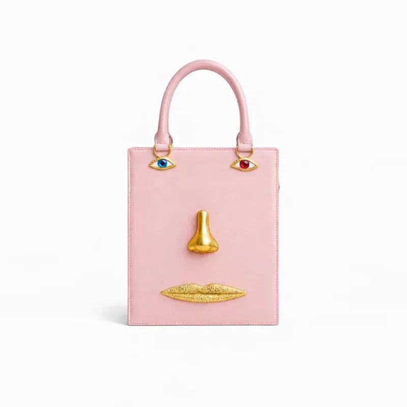 Face Art Leather Handbag – Gold-Tone Metal Accents