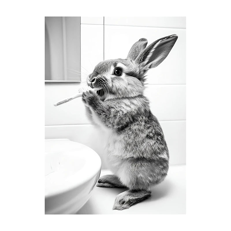 Funny Animal Bathroom Wall Art Poster – Black & White Vintage Print