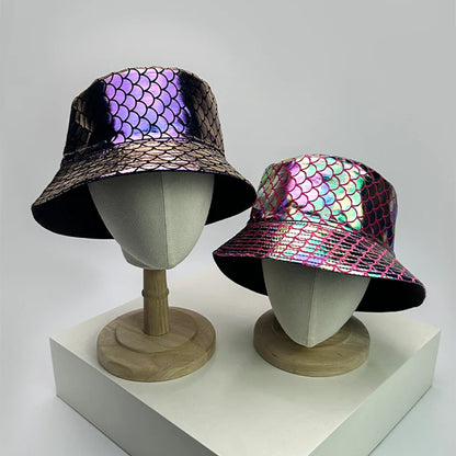 Holographic PU Leather Bucket Hat – Reflective Unisex Fisherman Cap