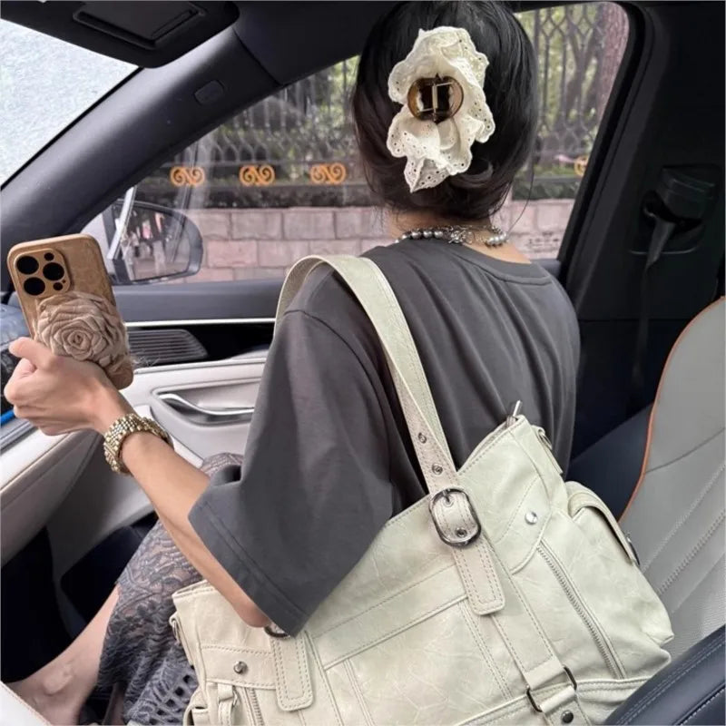Hot Girl Vintage Studded Tote Bag Women Leather Textured