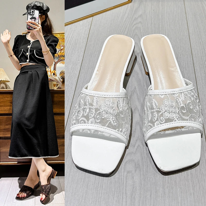 Embroidery Mesh Heeled Mules – Women's Square Toe Sandals