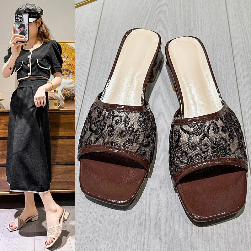 Embroidery Mesh Heeled Mules – Women's Square Toe Sandals
