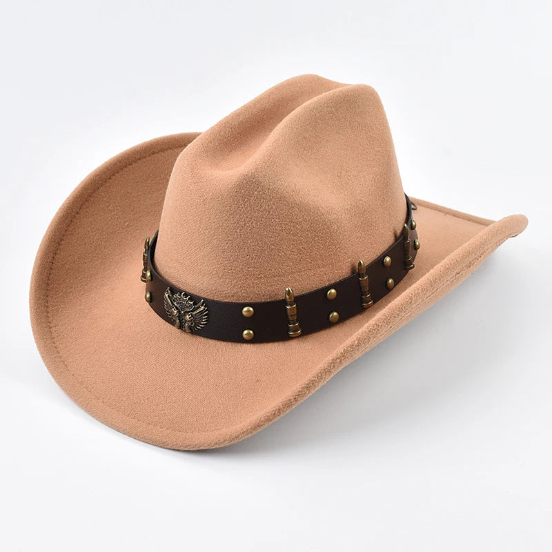 Men Women Western Cowboy Hat Leather Vintage Big-Edge Gentleman Cowgirl Cloche Church Caps