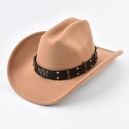 Men Women Western Cowboy Hat Leather Vintage Big-Edge Gentleman Cowgirl Cloche Church Caps