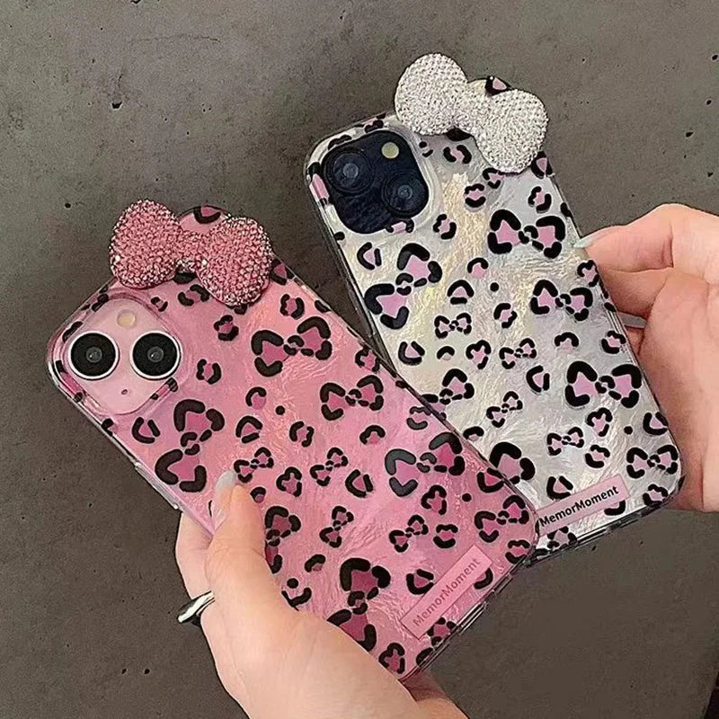 Diamond Bow Leopard Print Phone Case with Glitter Lining