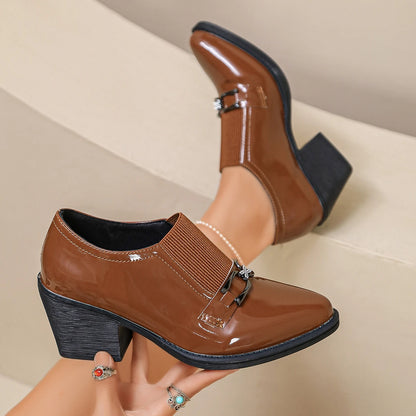 Women's Pointed Toe Block Heel Shoes – British Style Patent Leather
