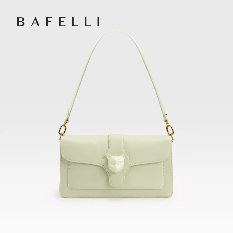 Leather Baguette Crossbody Shoulder Bag with Cat Clasp