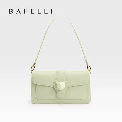 Leather Baguette Crossbody Shoulder Bag with Cat Clasp